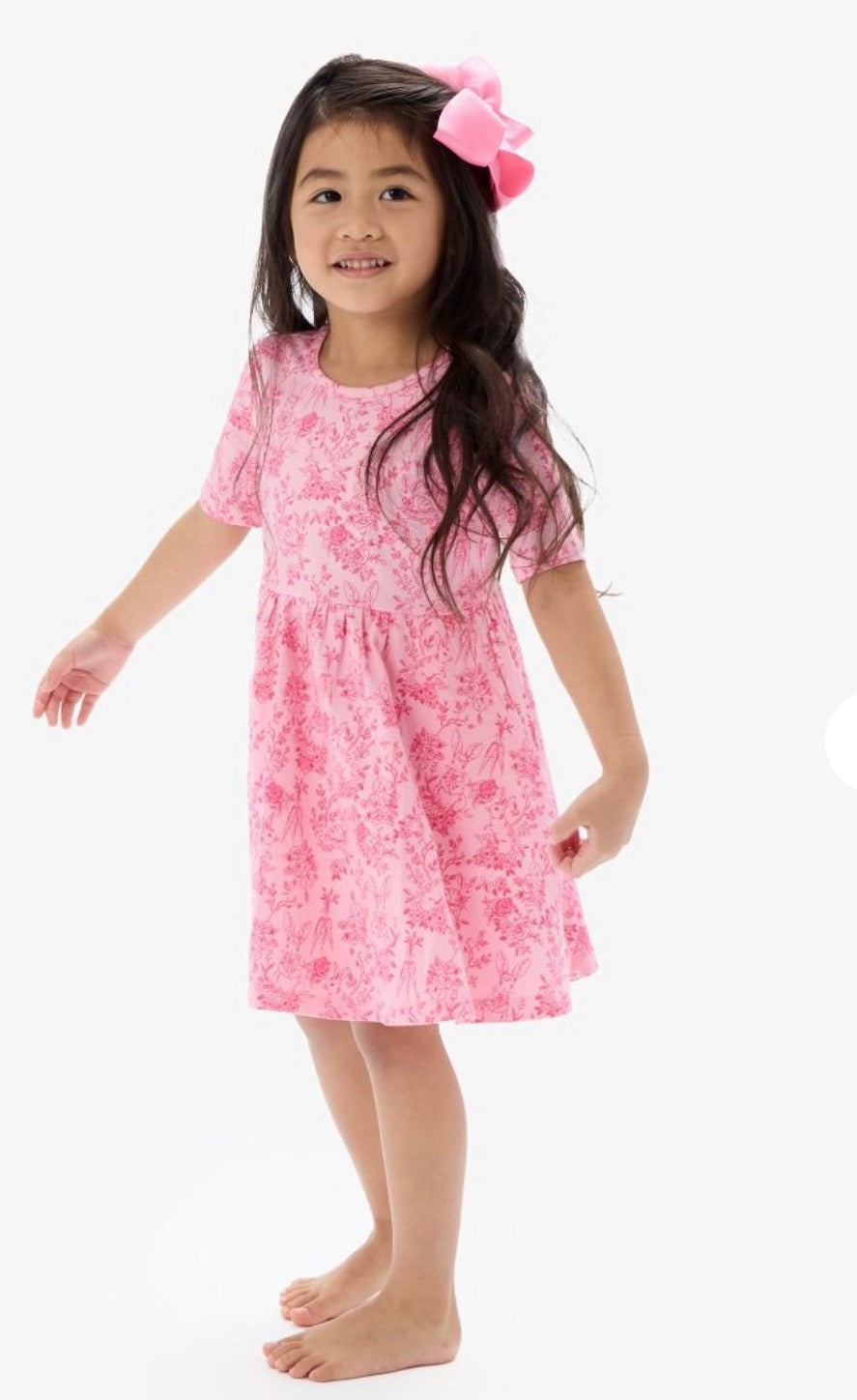 RuffleButts + RuggedButts - Girls Pink Cottontail Toile Short Sleeve Knit Twirl Dress