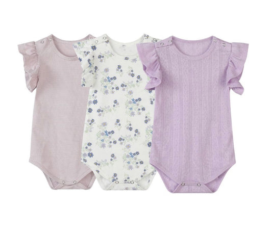 Vignette - Lavender Triple Pack Wren Flutter Sleeve Onesies - Stripe/Floral/Pointelle