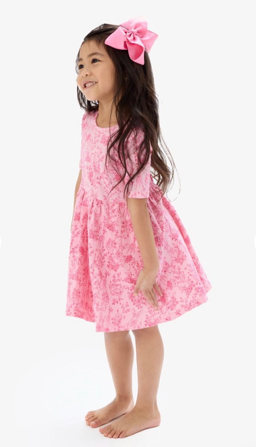 RuffleButts + RuggedButts - Girls Pink Cottontail Toile Short Sleeve Knit Twirl Dress