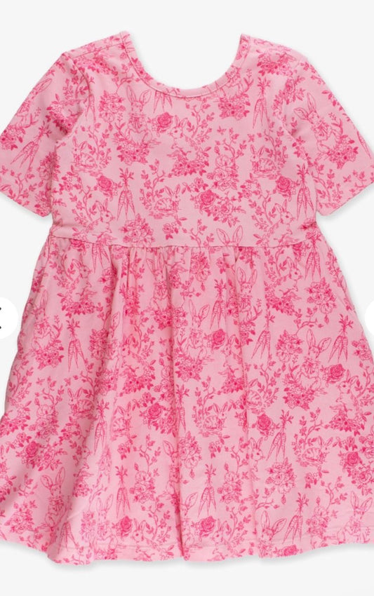 RuffleButts + RuggedButts - Girls Pink Cottontail Toile Short Sleeve Knit Twirl Dress