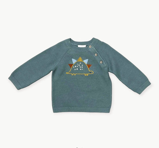 Dino Embroidered Baby Button Pullover Sweater Knit Organic