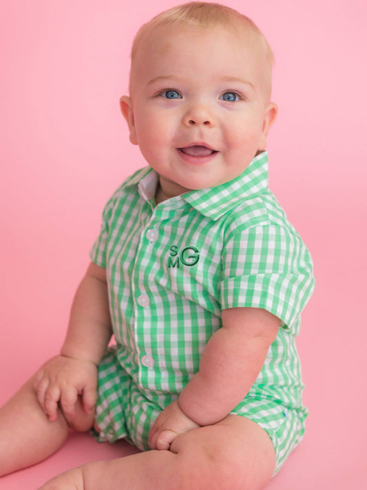 RuffleButts + RuggedButts - Baby Boys Classic Spring Bud Gingham Short Sleeve Woven Button-Up Romper