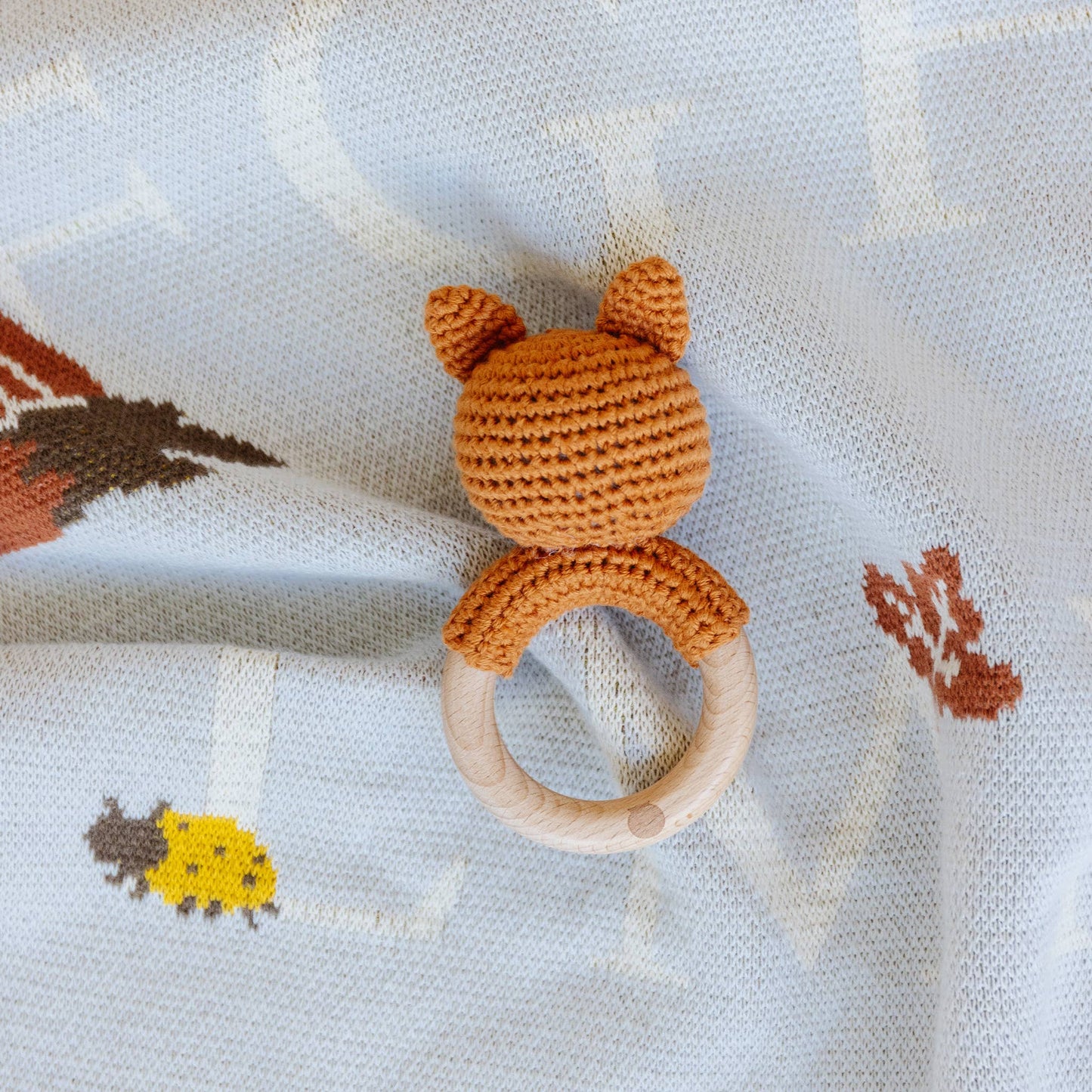 The Blueberry Hill - Teether Fox Cotton Rattle Clay Baby Gift Crochet Spring