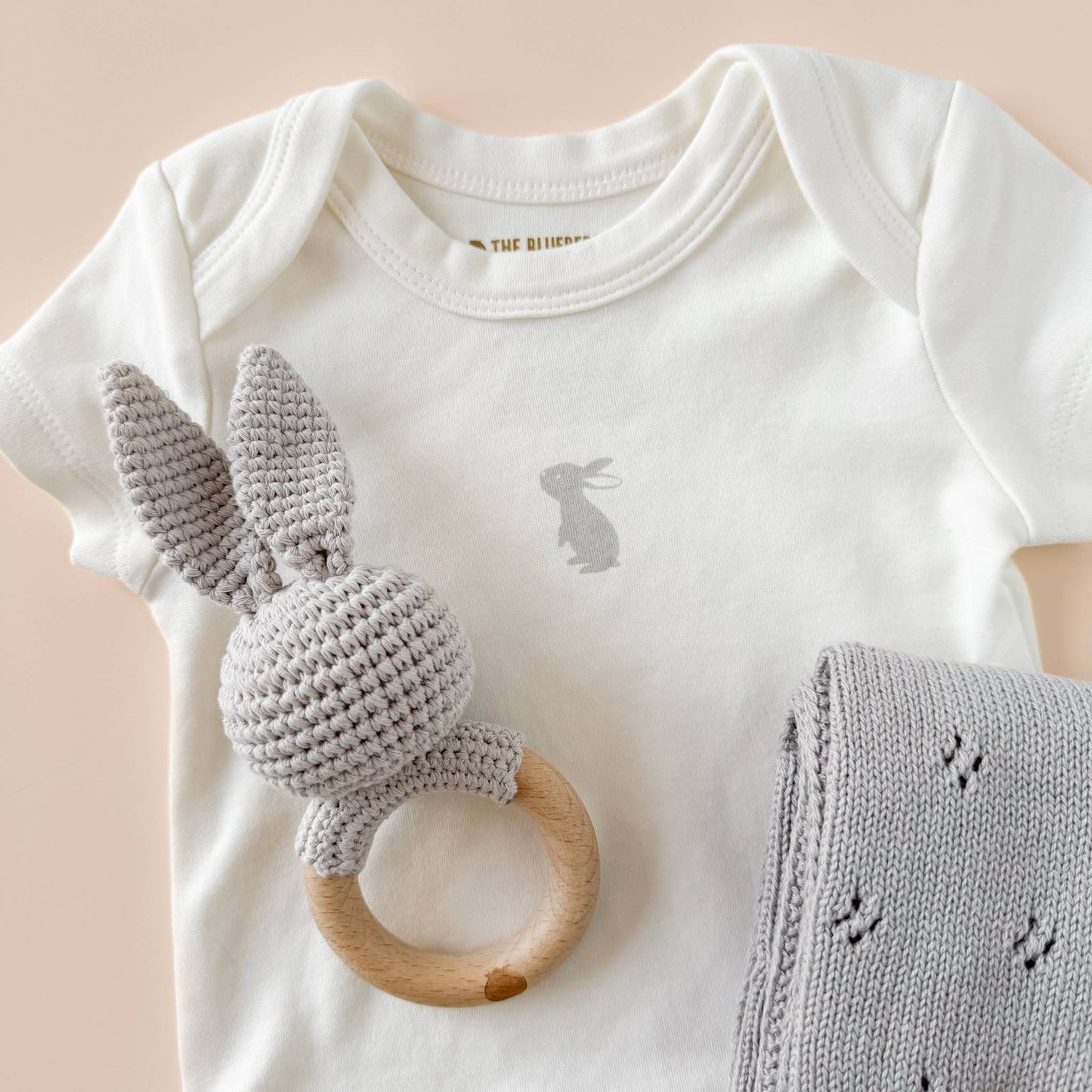 The Blueberry Hill - Teether Bunny Grey Cotton Rattle Baby Gift Spring