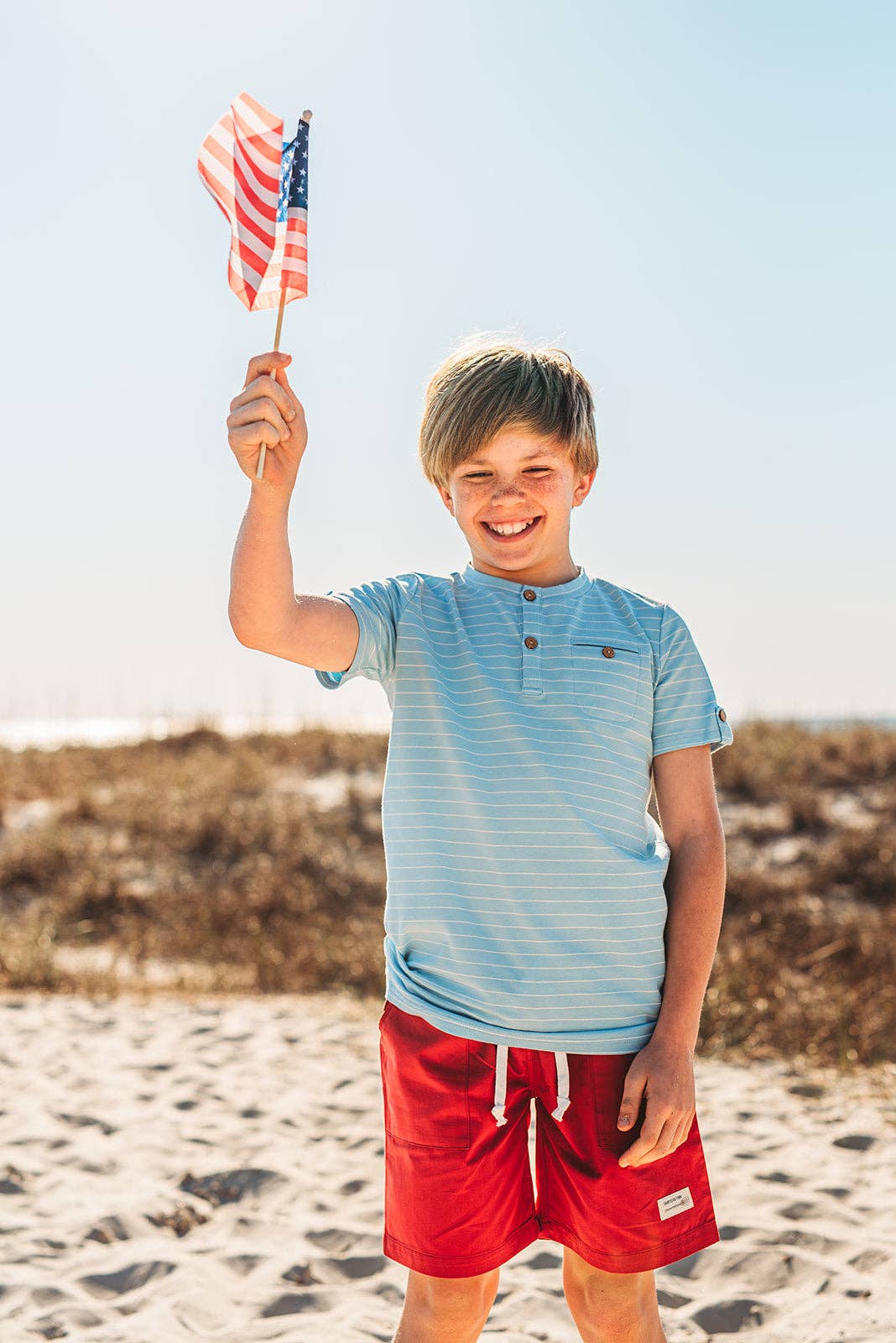 Sawyer & Finn Clothing - Boys Light Blue and White Stripe Short Sleeve Tee, Buttons