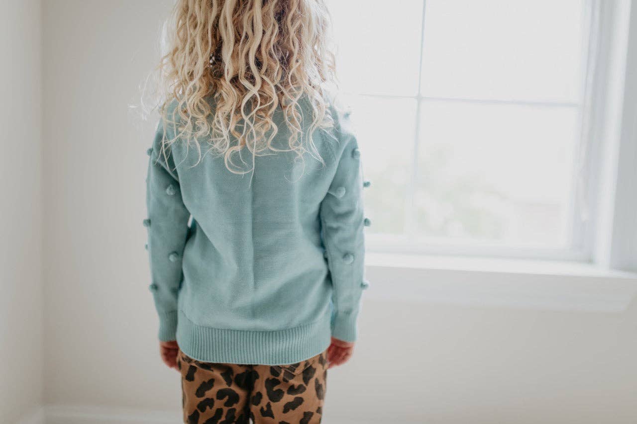 Adorable Sweetness - Kids Teal Pom Pom Fall Winter Scalloped Crew Neck Sweater