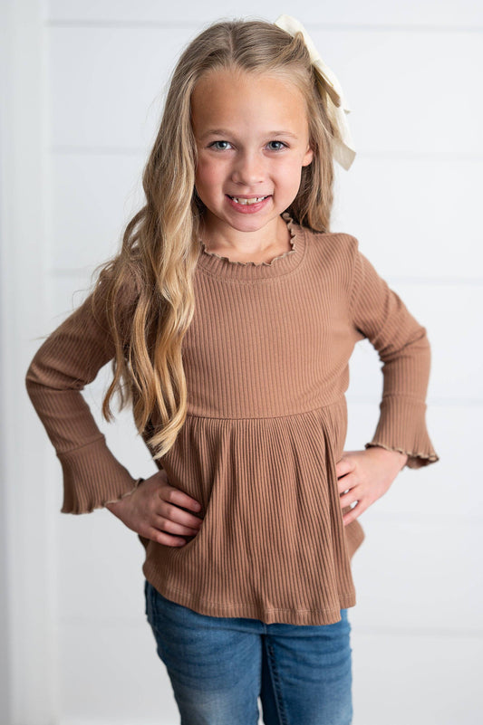 Oopsie Daisy - Kids Toffee Long Sleeve Lettuce Trim Ribbed Fall WinterShirt