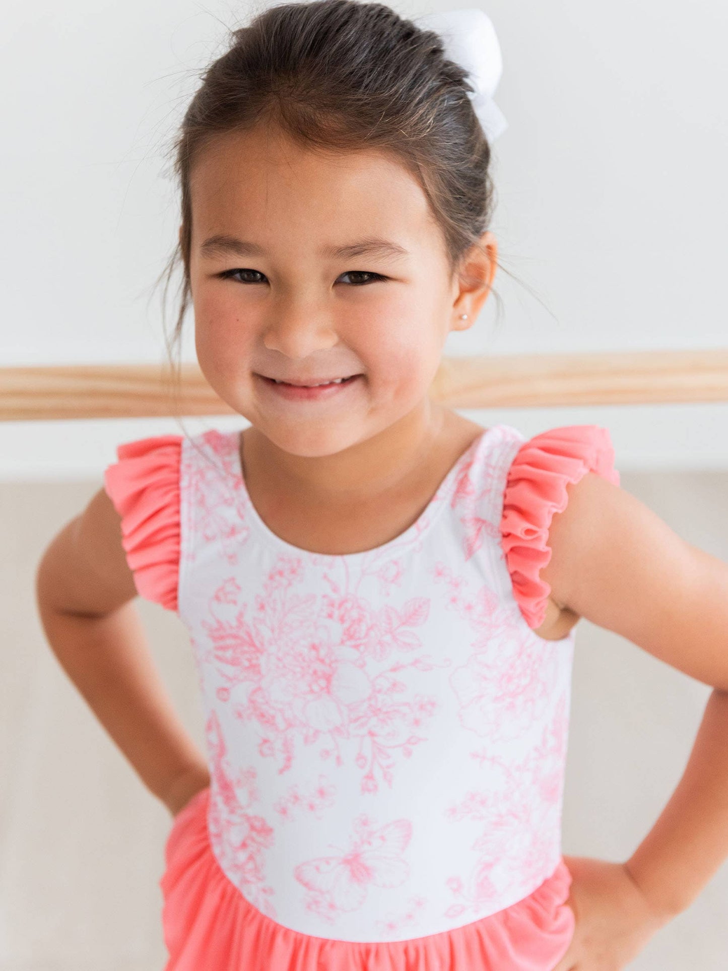 RuffleButts + RuggedButts - Girls Bubblegum Pink Butterfly Garden Toile Flutter Sleeve Dance & Gymnastics Leotard