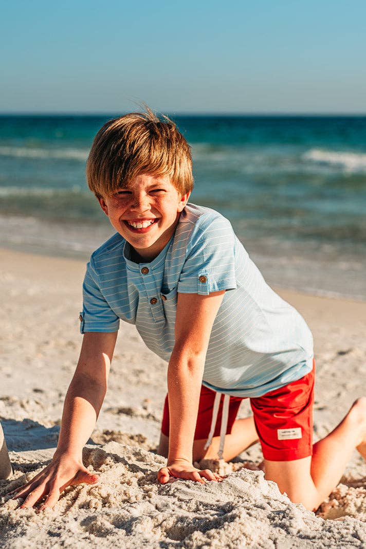 Sawyer & Finn Clothing - Boys Light Blue and White Stripe Short Sleeve Tee, Buttons
