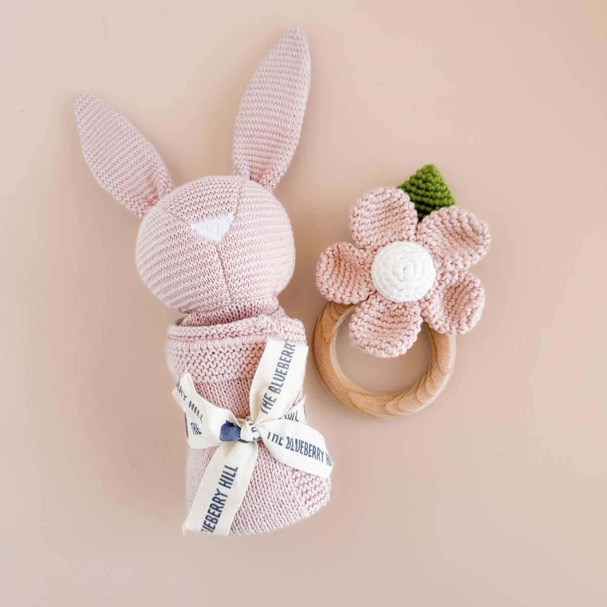 The Blueberry Hill - Teether Flower Pink Cotton Rattle Baby Toy Spring Summer