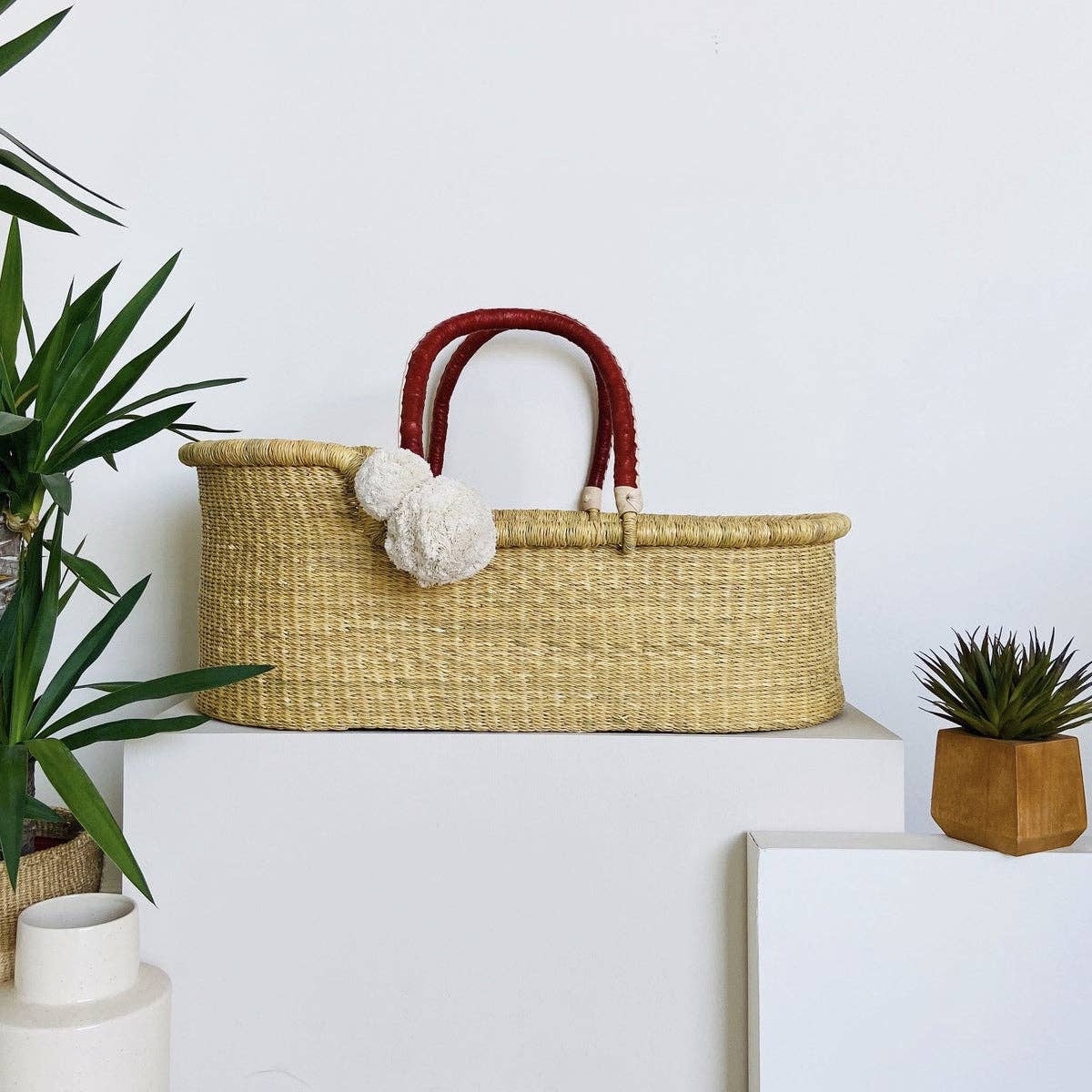 ***Available in-store only!!***Plum & Sparrow - Natural- African Moses Basket - Cognac + Cream Handle/ Mattress, Liner and Pom Pom set included!