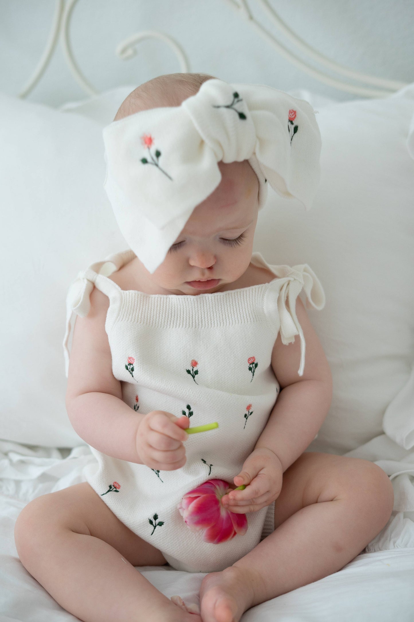 Luna + Luca - Floral Embroidery Romper + Bow - White