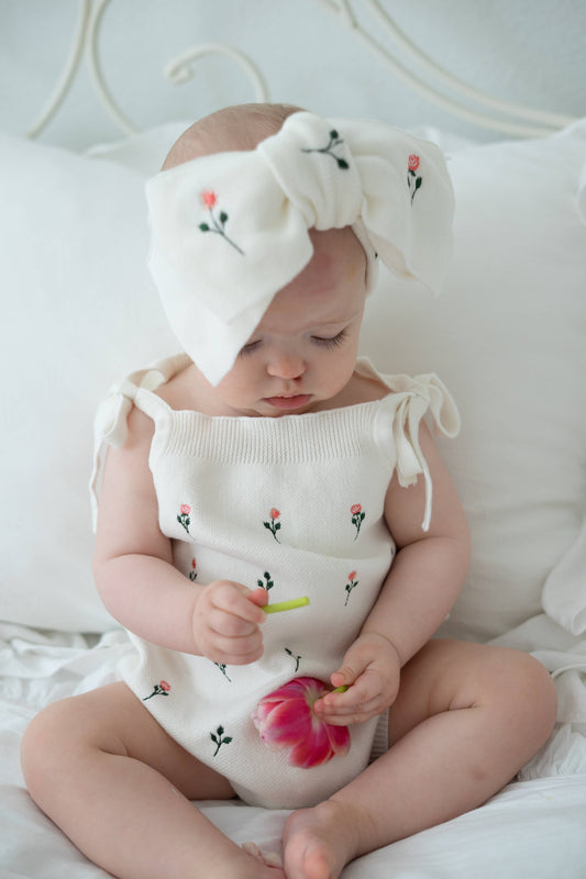 Luna + Luca - Floral Embroidery Romper + Bow - White