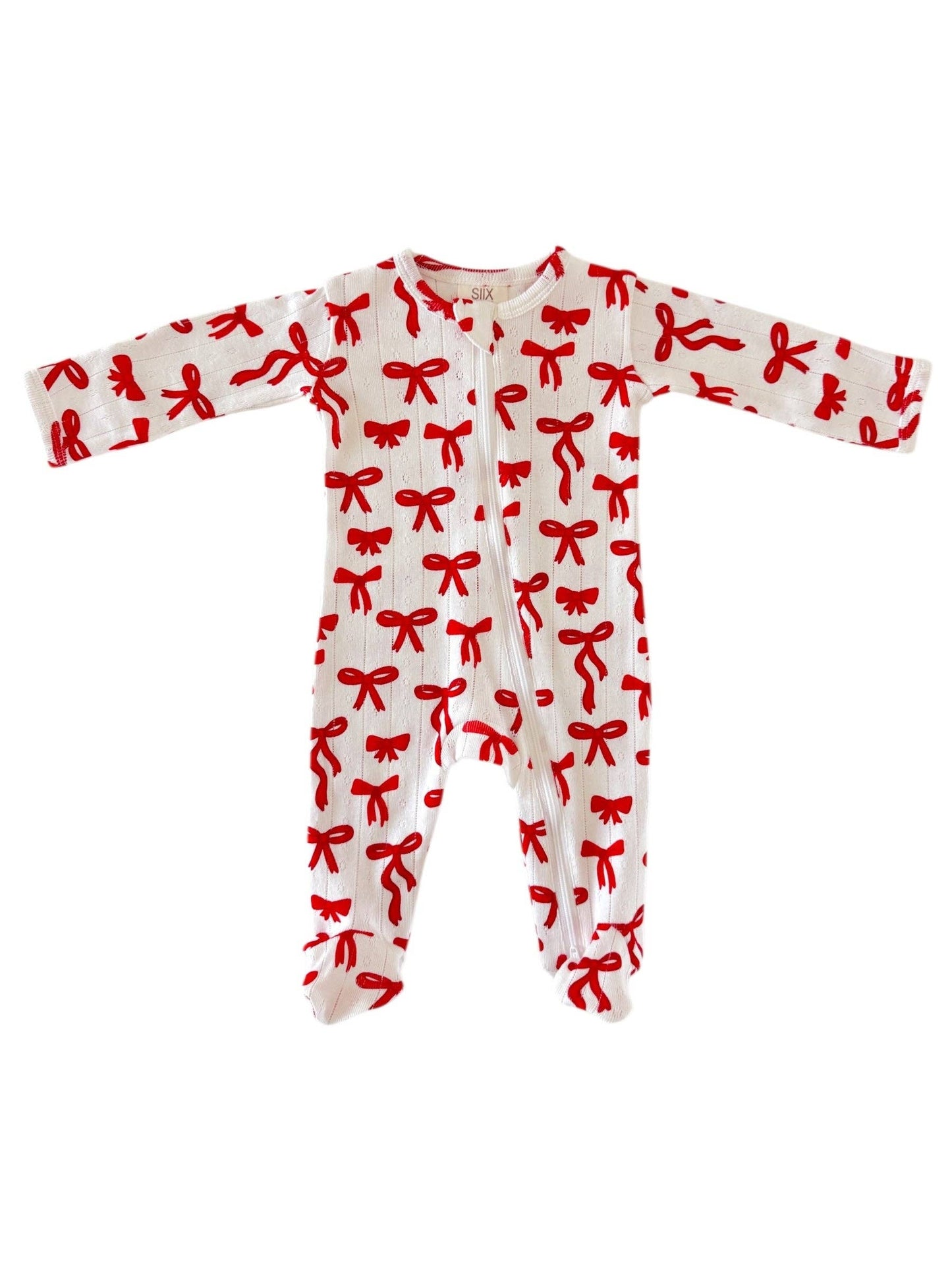 SIIX Collection - Red Bows / Organic Pointelle 2-Way Zip Footie