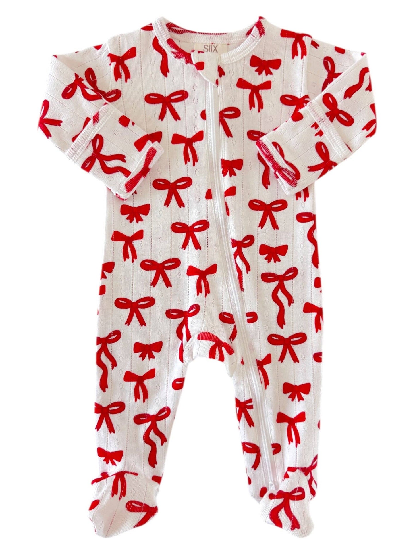 SIIX Collection - Red Bows / Organic Pointelle 2-Way Zip Footie