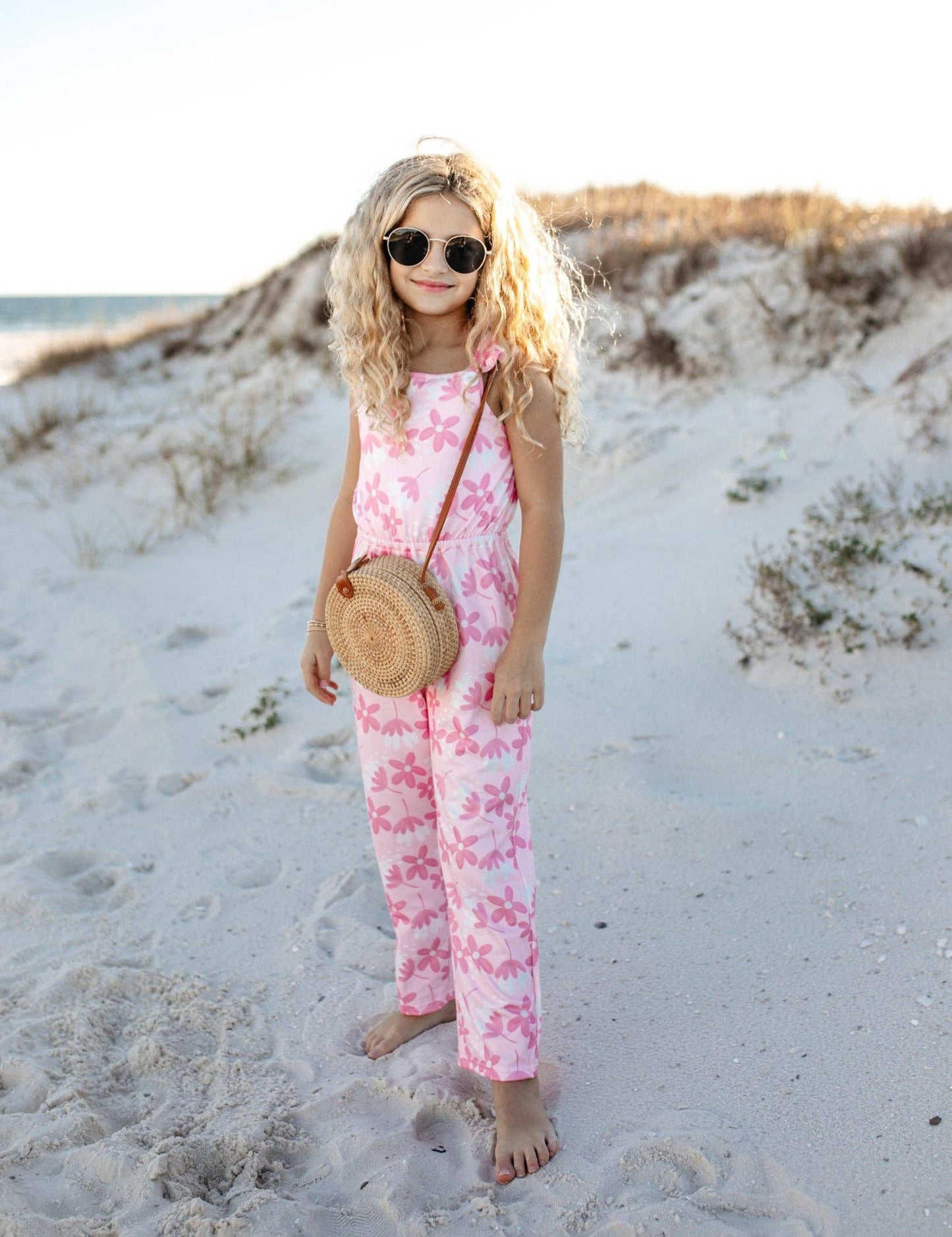 Adorable Sweetness - Kids Pink White Floral Button Ruffle Summer Pocket Jumpsuit
