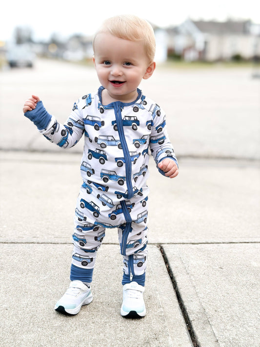 Tiny toes Baby Co - Vintage Cars Bamboo Zipper Romper