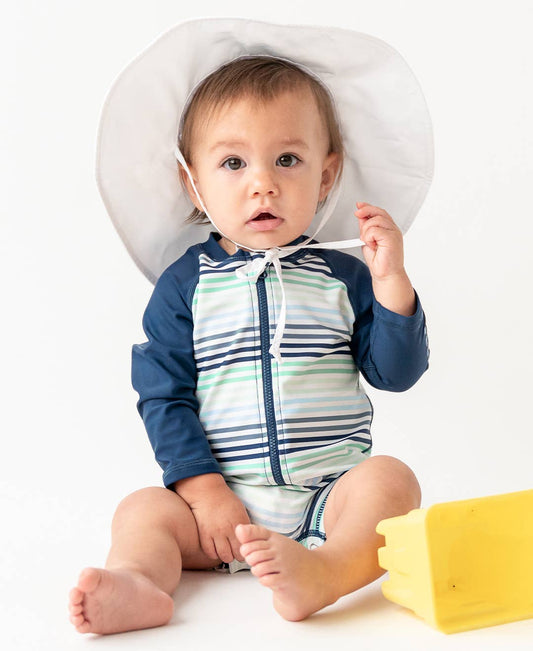 RuffleButts + RuggedButts - Baby Boys Coastal Stripes Long Sleeve One Piece Rash Guard Swimsuit