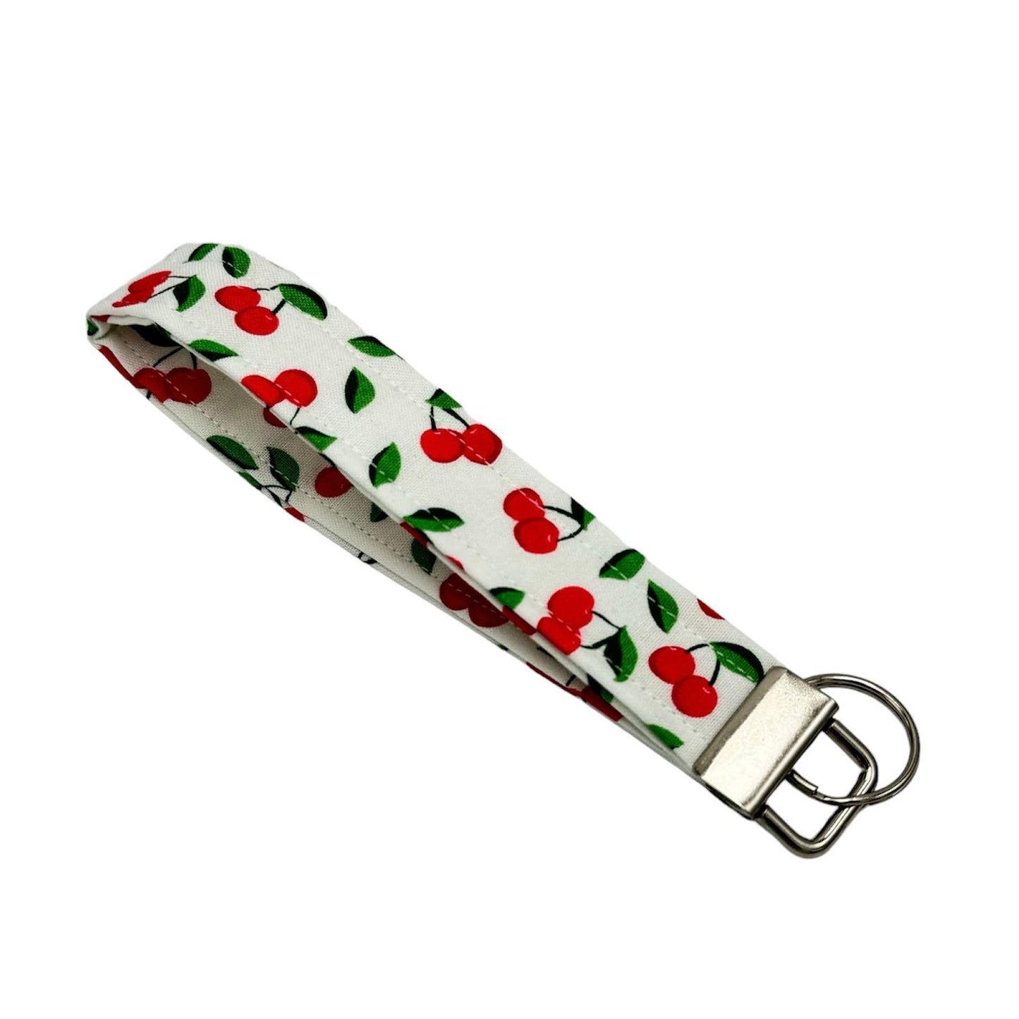 The Sticker Lab - White & Cherry Fabric Keychain Wristlet, Key Fob