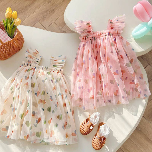 Little Trendy - Children's heart print mesh dress summer butterfly dress