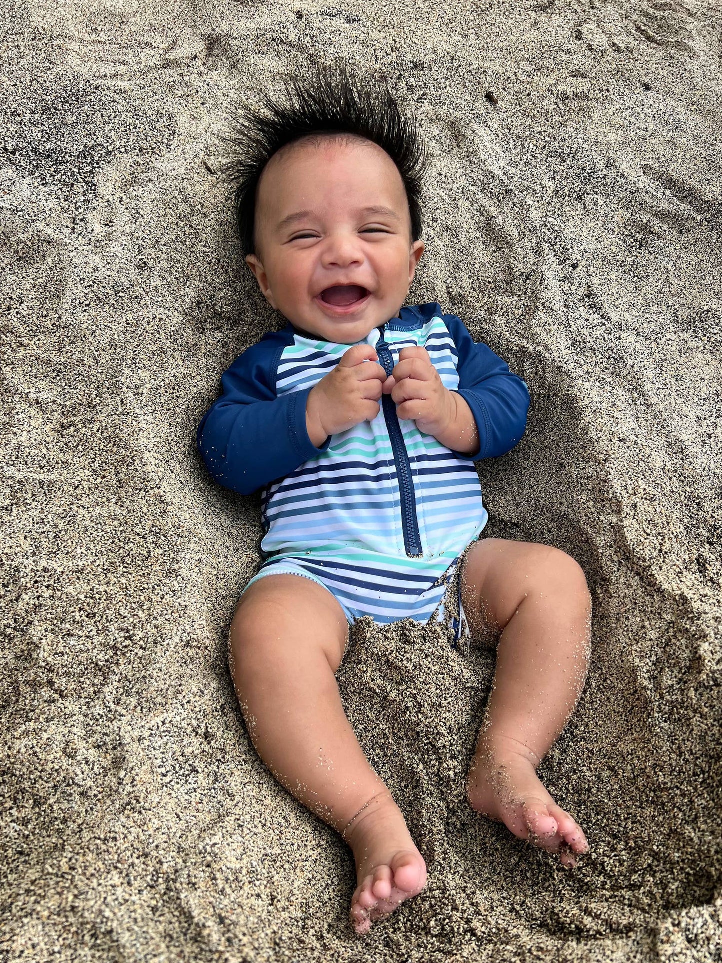 RuffleButts + RuggedButts - Baby Boys Coastal Stripes Long Sleeve One Piece Rash Guard Swimsuit