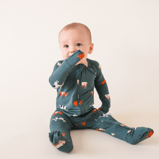 bug + bean kids - Bamboo 2 - Way Convertible Zip Romper | Green Cow (0 - 24m) - Citrus Sky Boutique