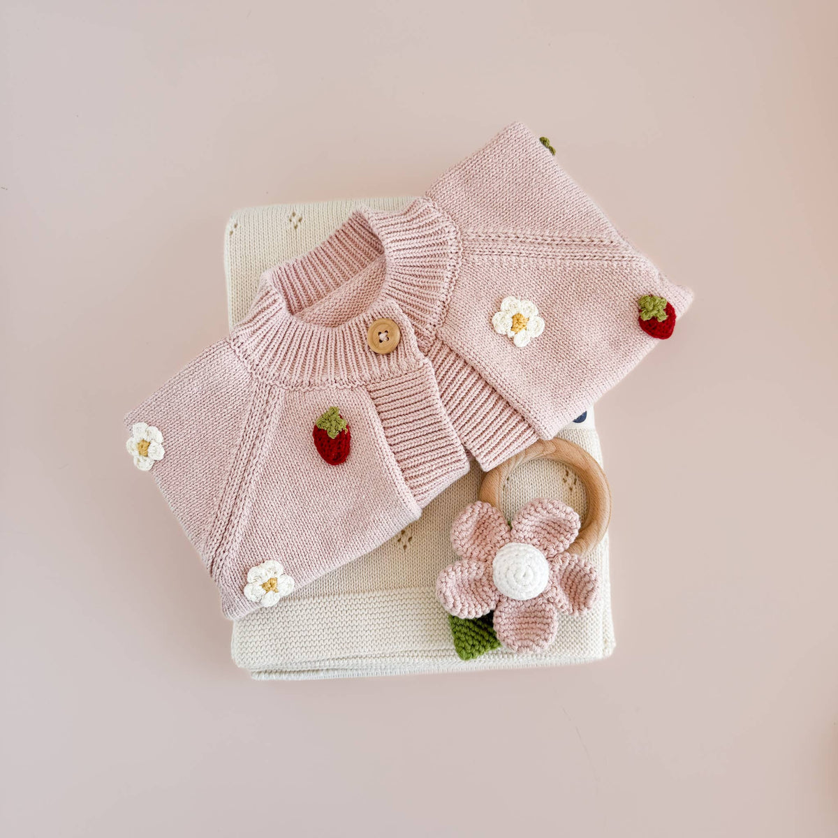 The Blueberry Hill - Teether Flower Pink Cotton Rattle Baby Toy Spring Summer