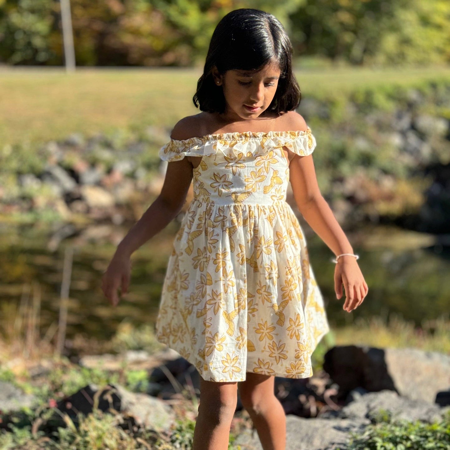 Meerahi - Pastel Floral & Bird Printed Summer Ruffle Dress