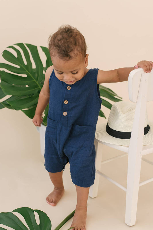 Babe Basics - Navy Sleeveless Crop Linen Baby Romper