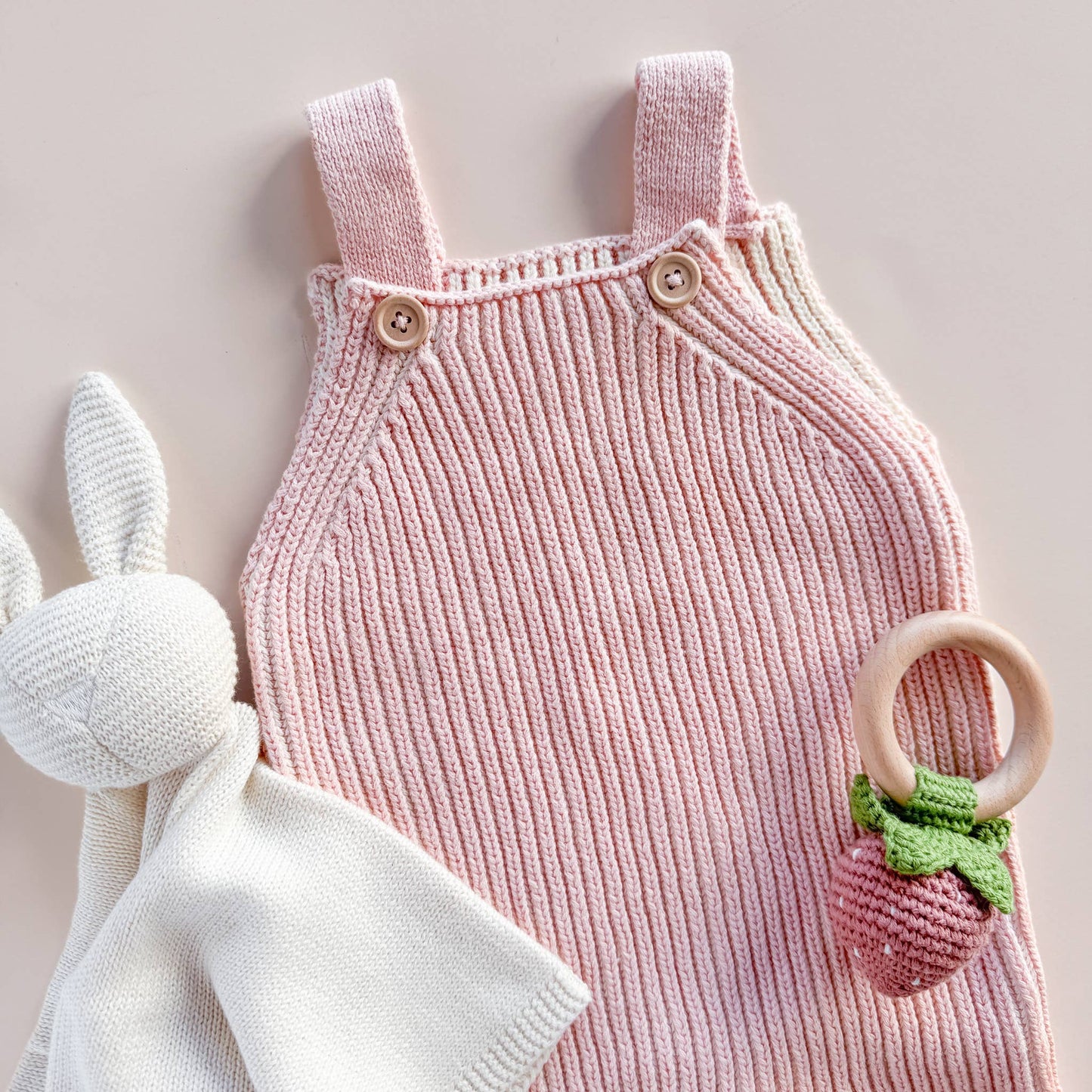 The Blueberry Hill - Teether Strawberry Pink Crochet Rattle Baby Toy Spring