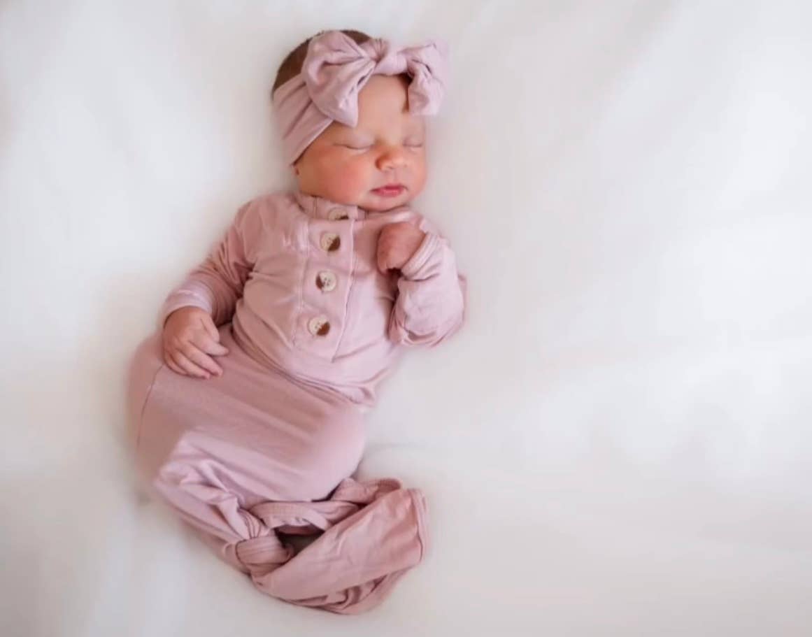 Stroller Society - Newborn Knotted Baby Gown, Bow, Hat Set - Baby Clothes Girl