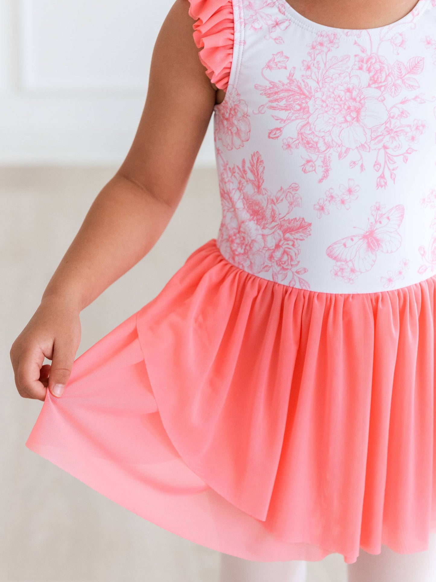 RuffleButts + RuggedButts - Girls Bubblegum Pink Butterfly Garden Toile Flutter Sleeve Dance & Gymnastics Leotard