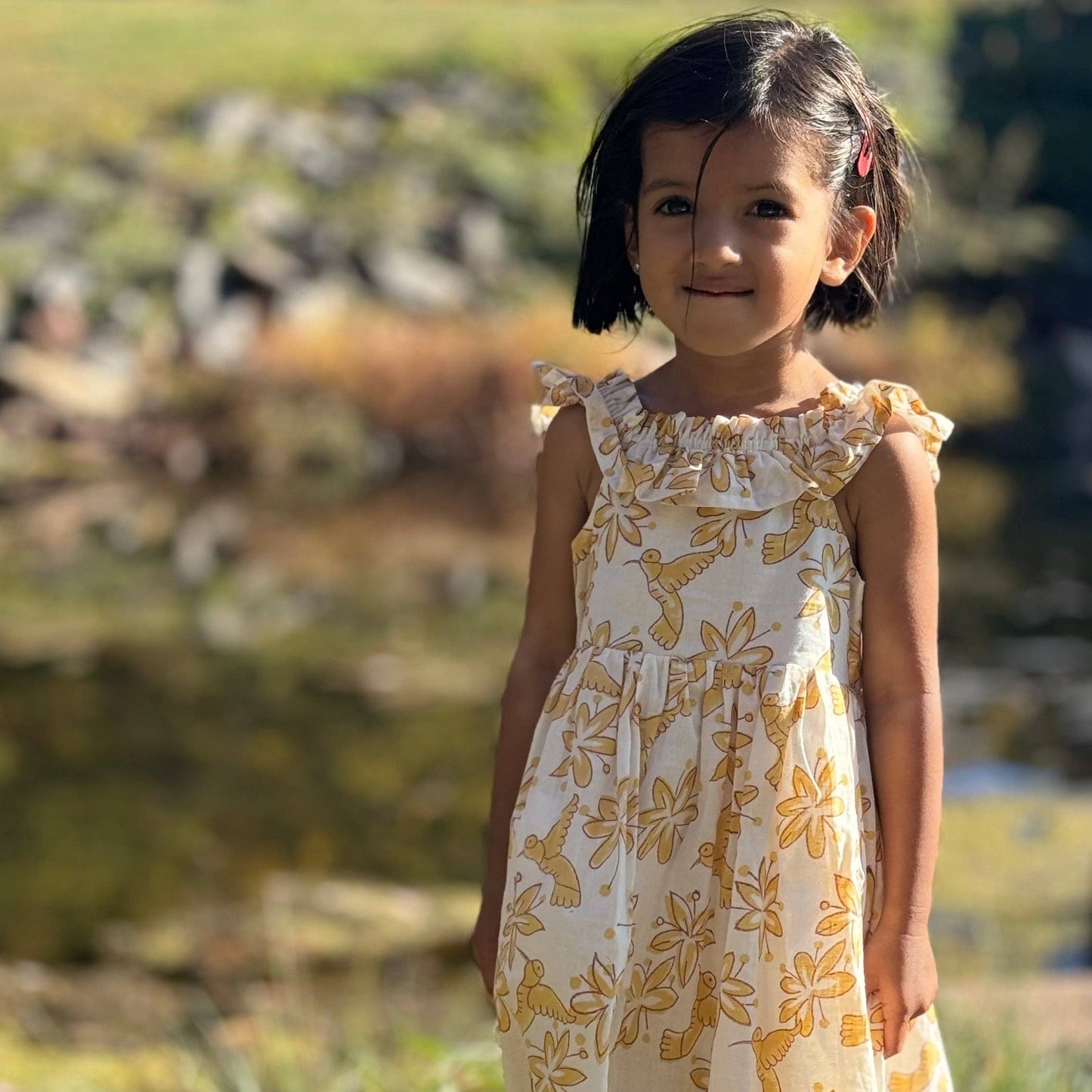 Meerahi - Pastel Floral & Bird Printed Summer Ruffle Dress