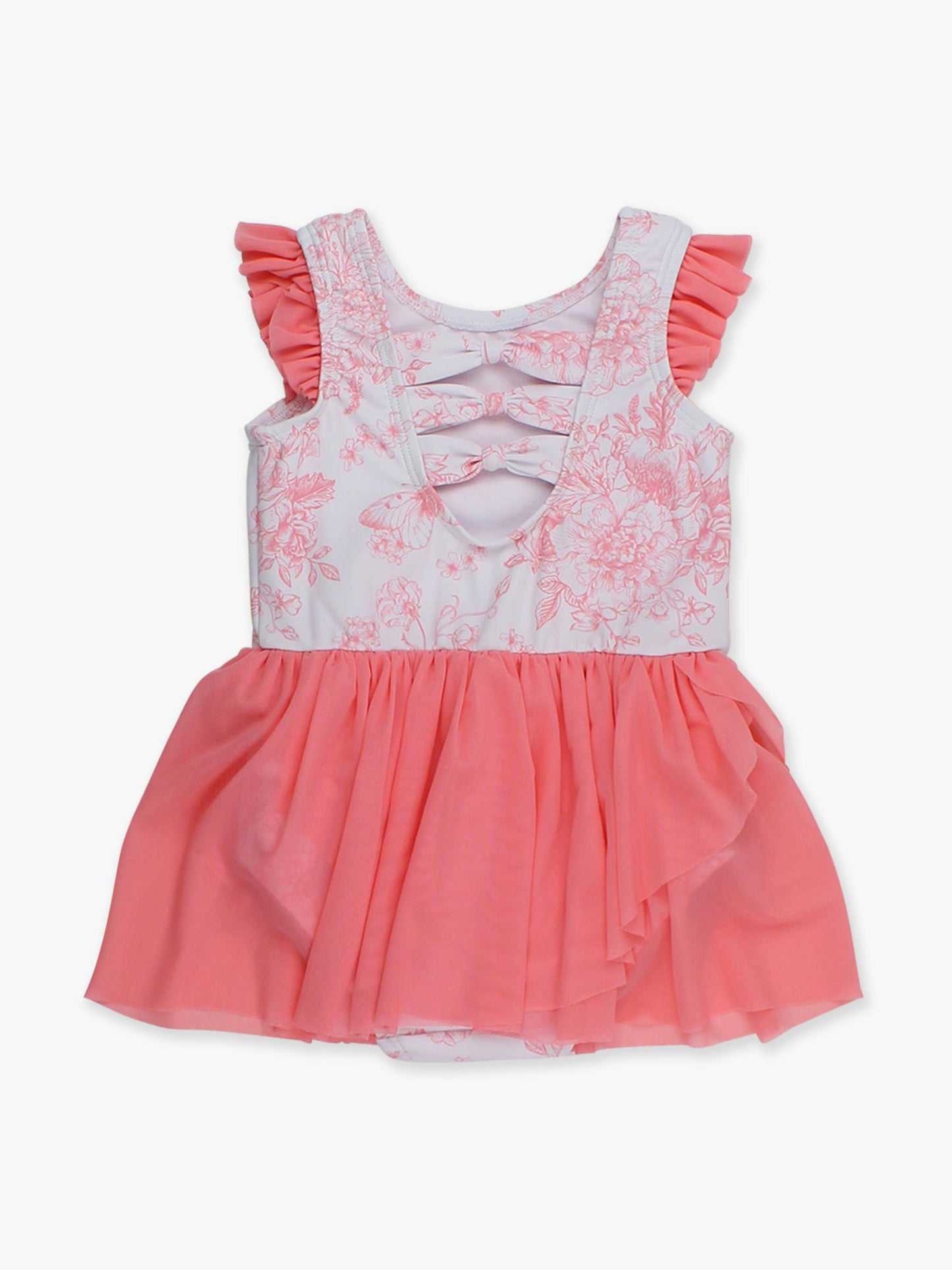 RuffleButts + RuggedButts - Girls Bubblegum Pink Butterfly Garden Toile Flutter Sleeve Dance & Gymnastics Leotard