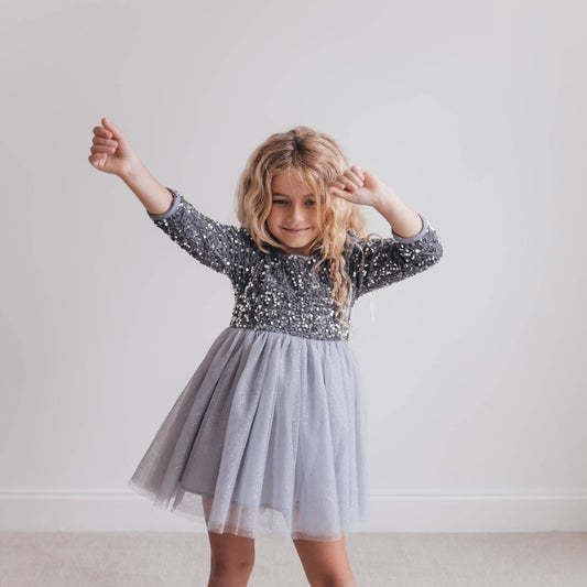 Oopsie Daisy - Kids Sequin Silver Fancy Sparkle Tulle Holiday Party Dress
