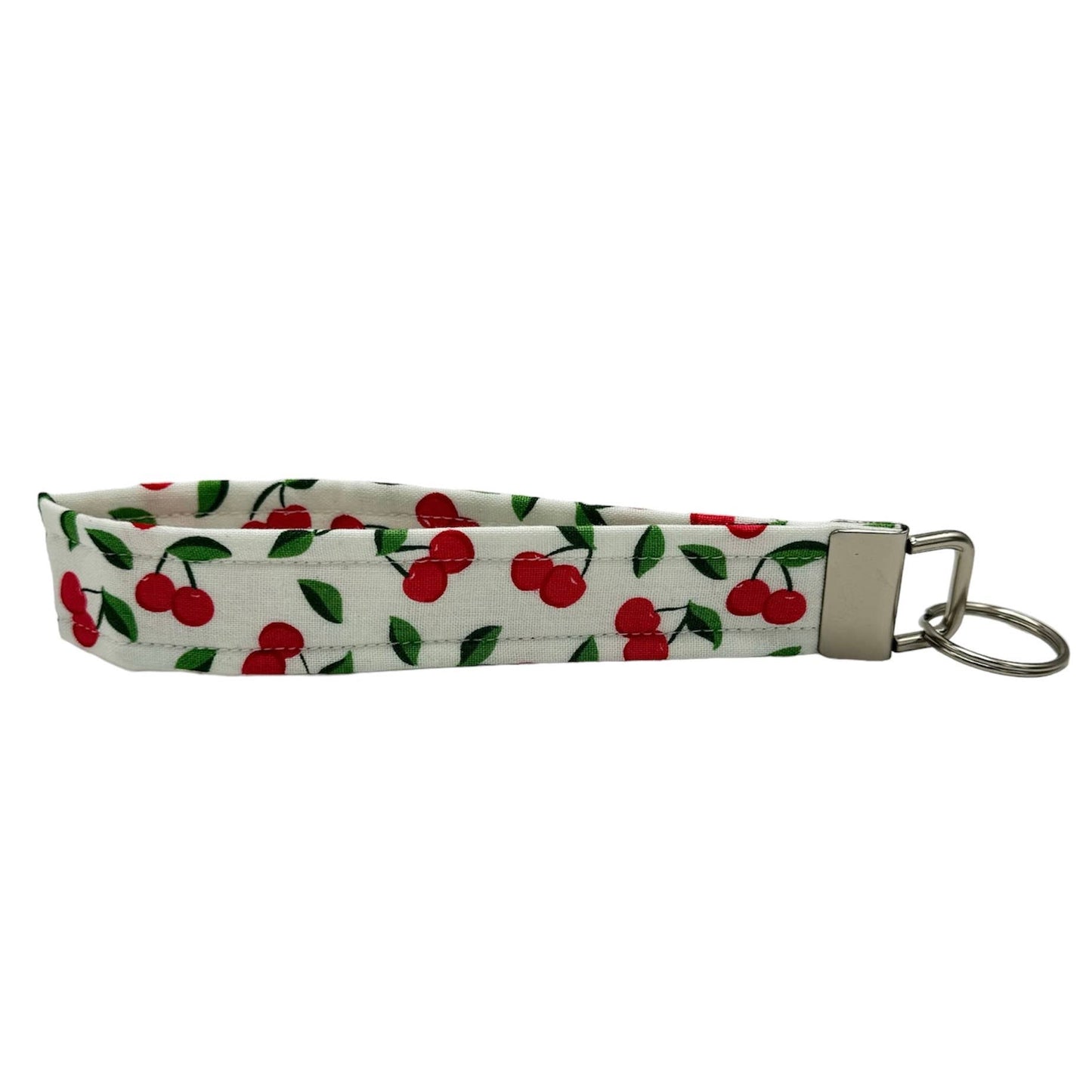 The Sticker Lab - White & Cherry Fabric Keychain Wristlet, Key Fob