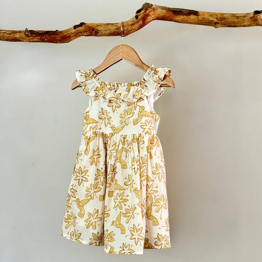 Meerahi - Pastel Floral & Bird Printed Summer Ruffle Dress