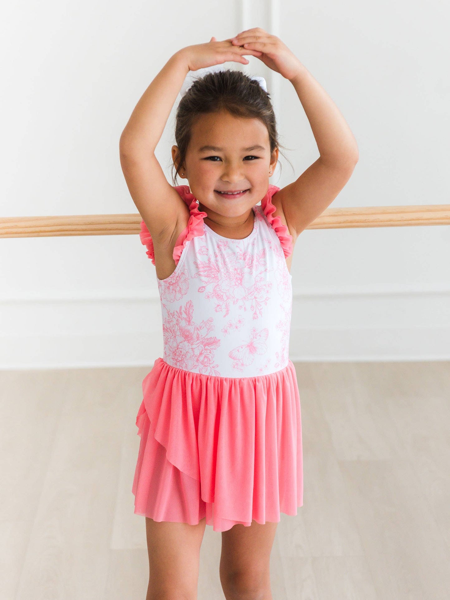 RuffleButts + RuggedButts - Girls Bubblegum Pink Butterfly Garden Toile Flutter Sleeve Dance & Gymnastics Leotard