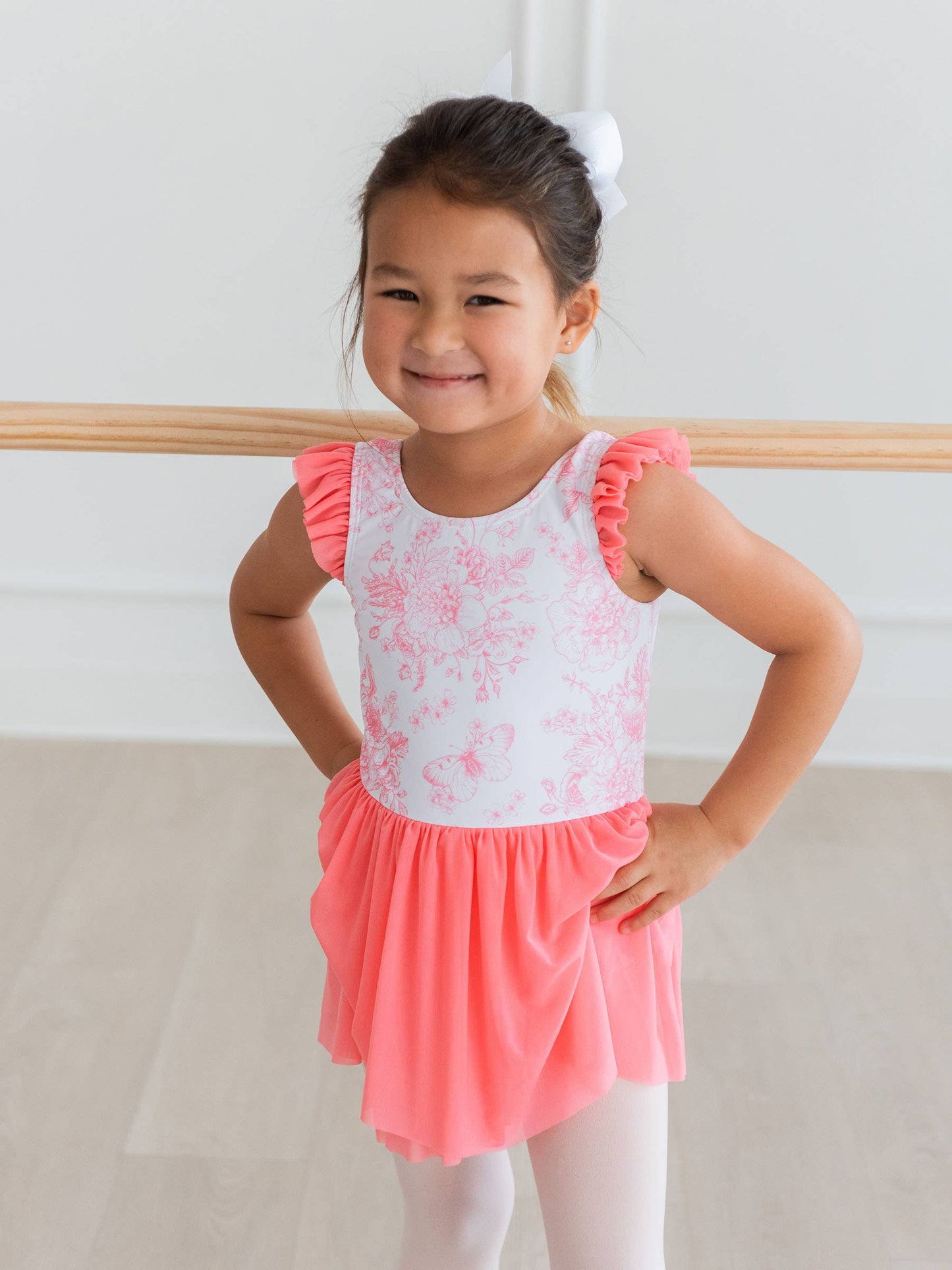 RuffleButts + RuggedButts - Girls Bubblegum Pink Butterfly Garden Toile Flutter Sleeve Dance & Gymnastics Leotard