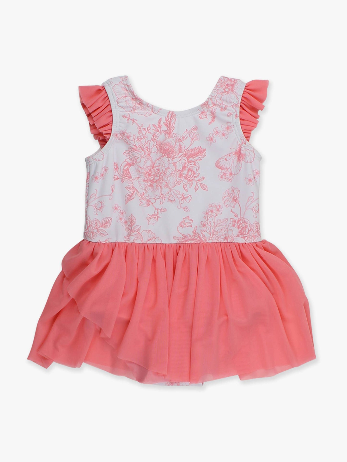 RuffleButts + RuggedButts - Girls Bubblegum Pink Butterfly Garden Toile Flutter Sleeve Dance & Gymnastics Leotard