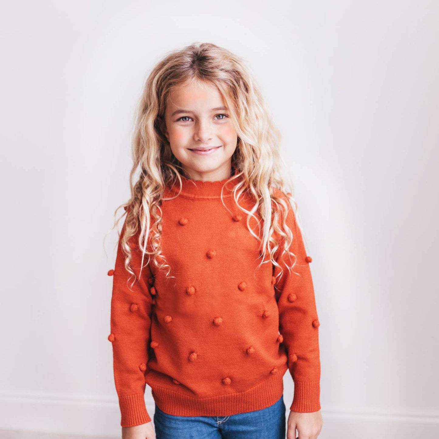 Adorable Sweetness - Kids Rust Pom Pom Fall Winter Scalloped Crew Neck Sweater