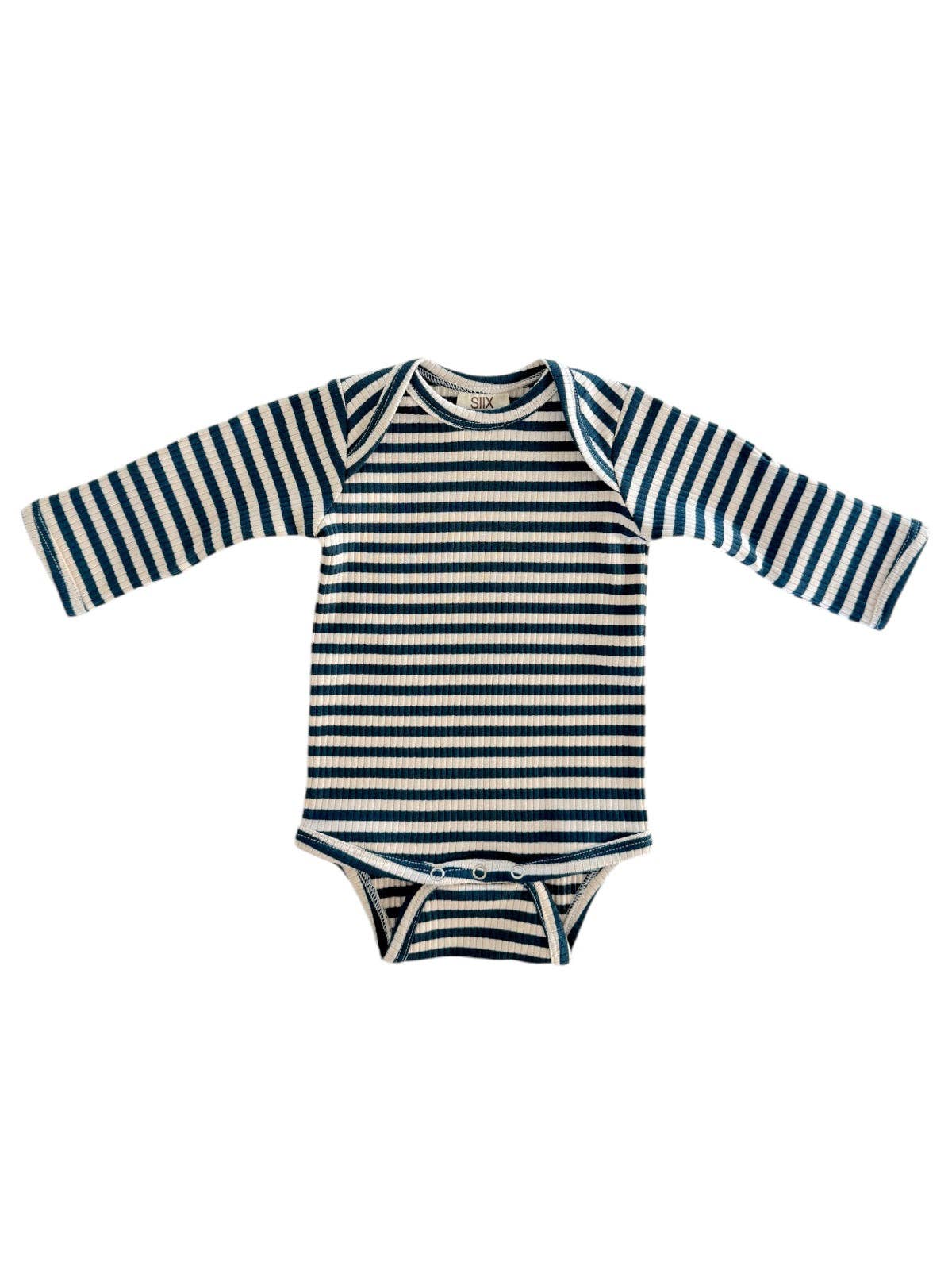 SIIX Collection - Steel Blue Stripe / Organic Ribbed Long Sleeve Bodysuit
