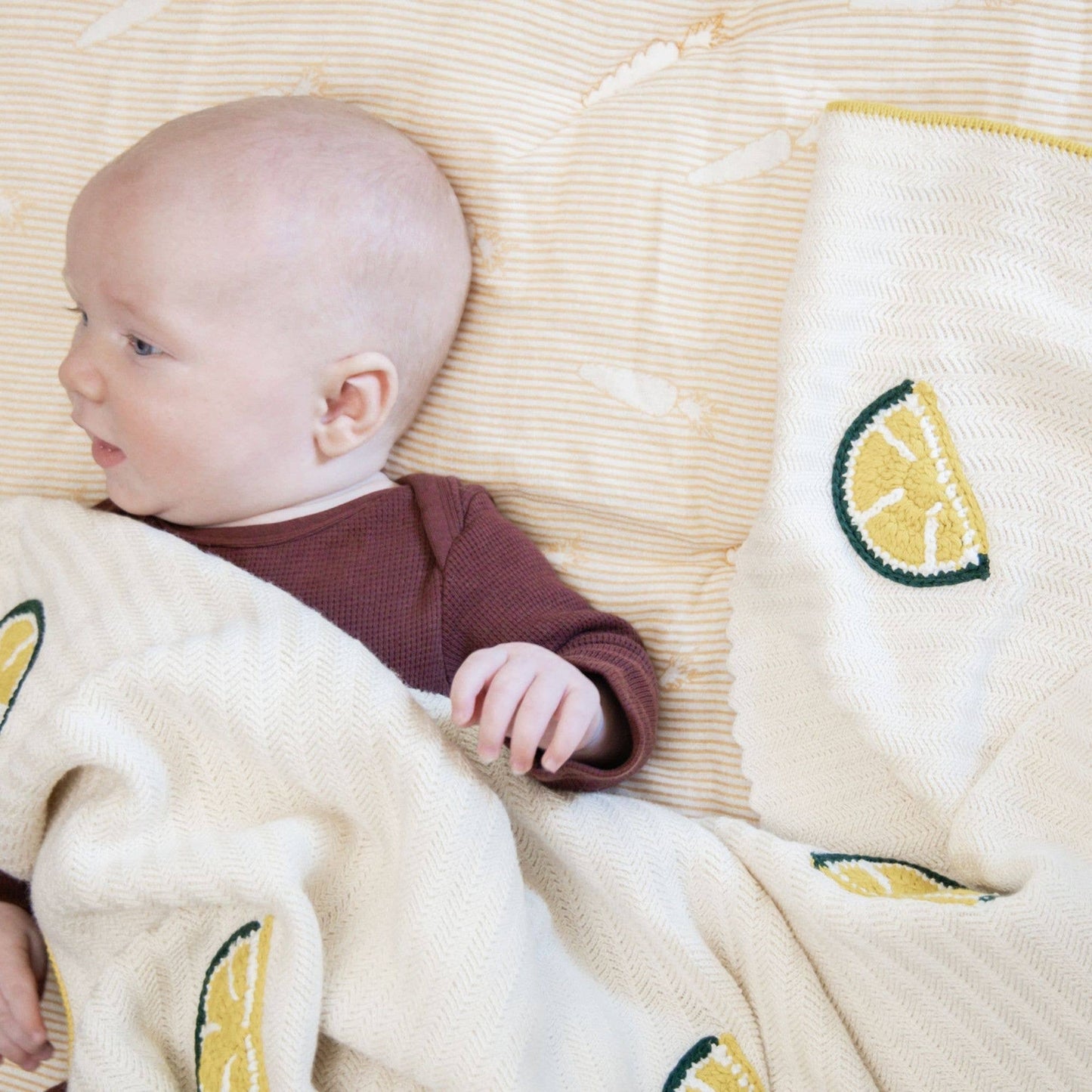 Crane Baby - Clementine Lemon Embroidered Knit Baby Blanket