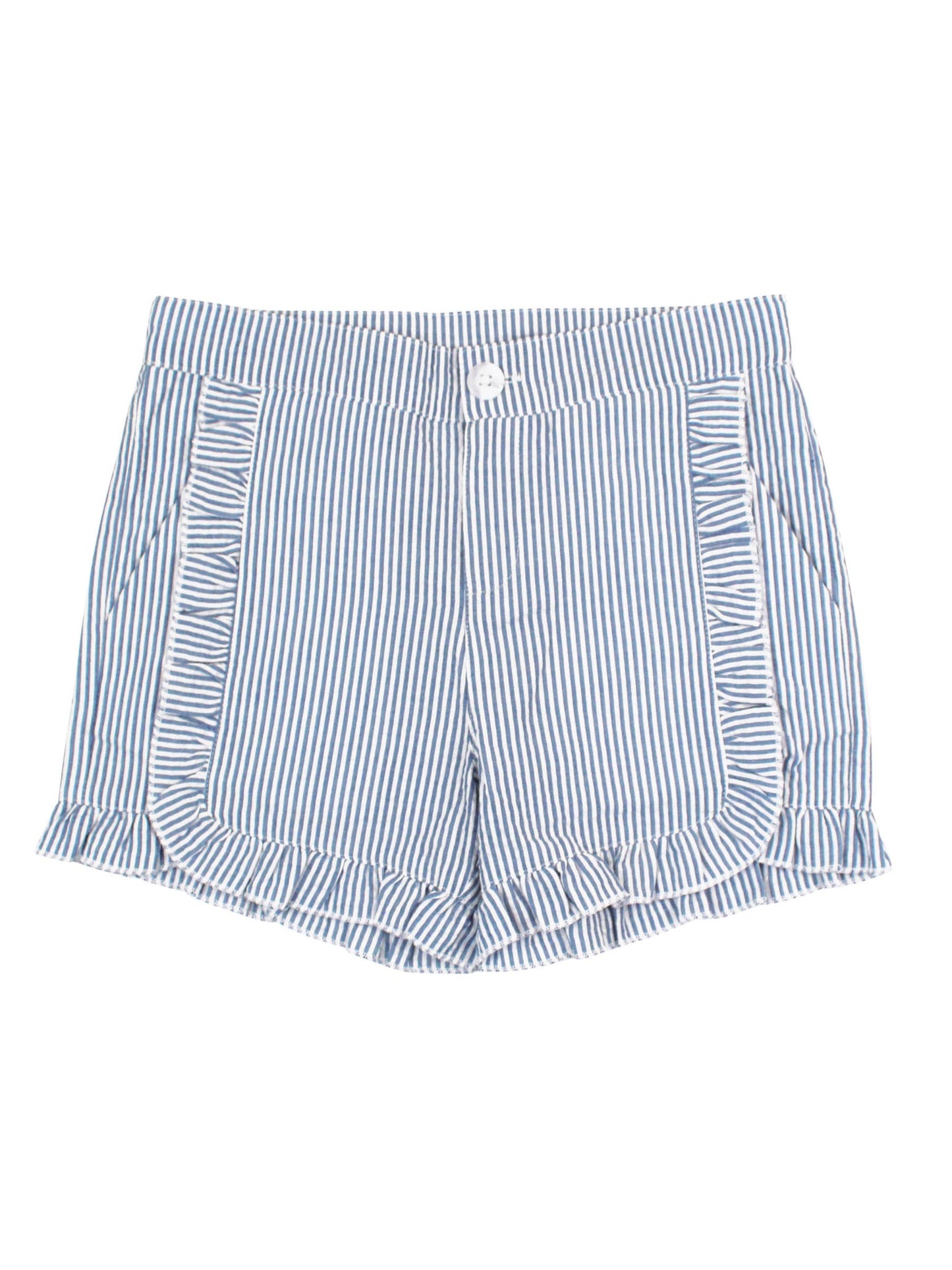 RuffleButts + RuggedButts - Girls Classic Blue Seersucker Ruffle Trim Woven Shorts