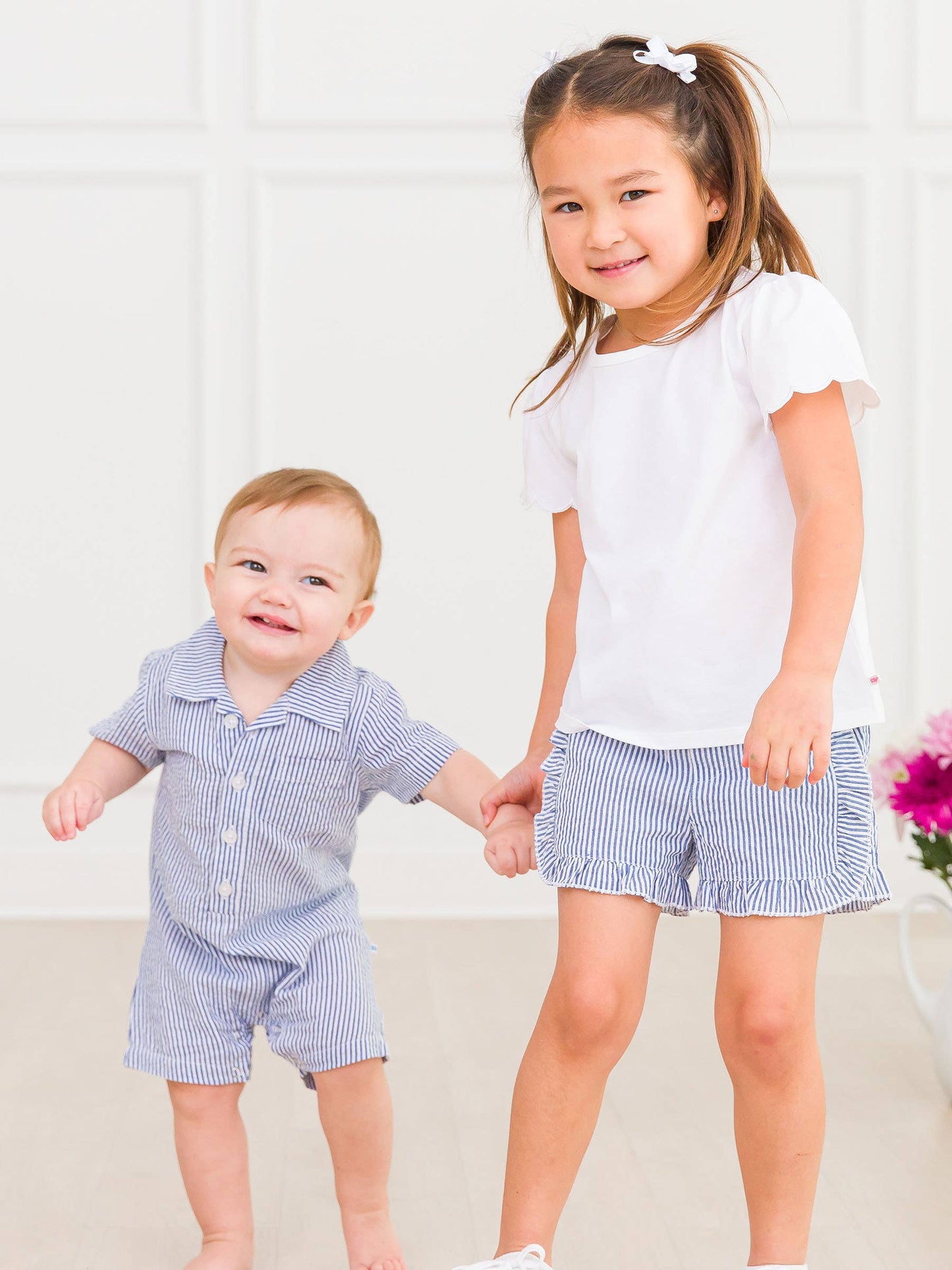RuffleButts + RuggedButts - Girls Classic Blue Seersucker Ruffle Trim Woven Shorts