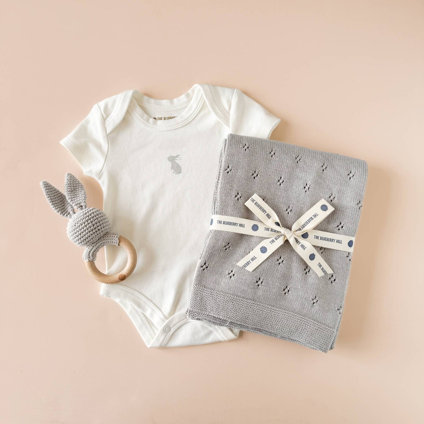 The Blueberry Hill - Teether Bunny Grey Cotton Rattle Baby Gift Spring