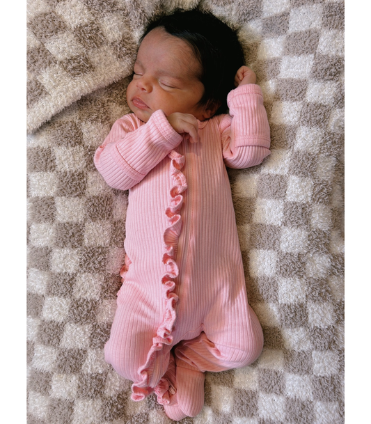 SIIX Collection - Pink / Organic Ribbed Frill Zip Footie