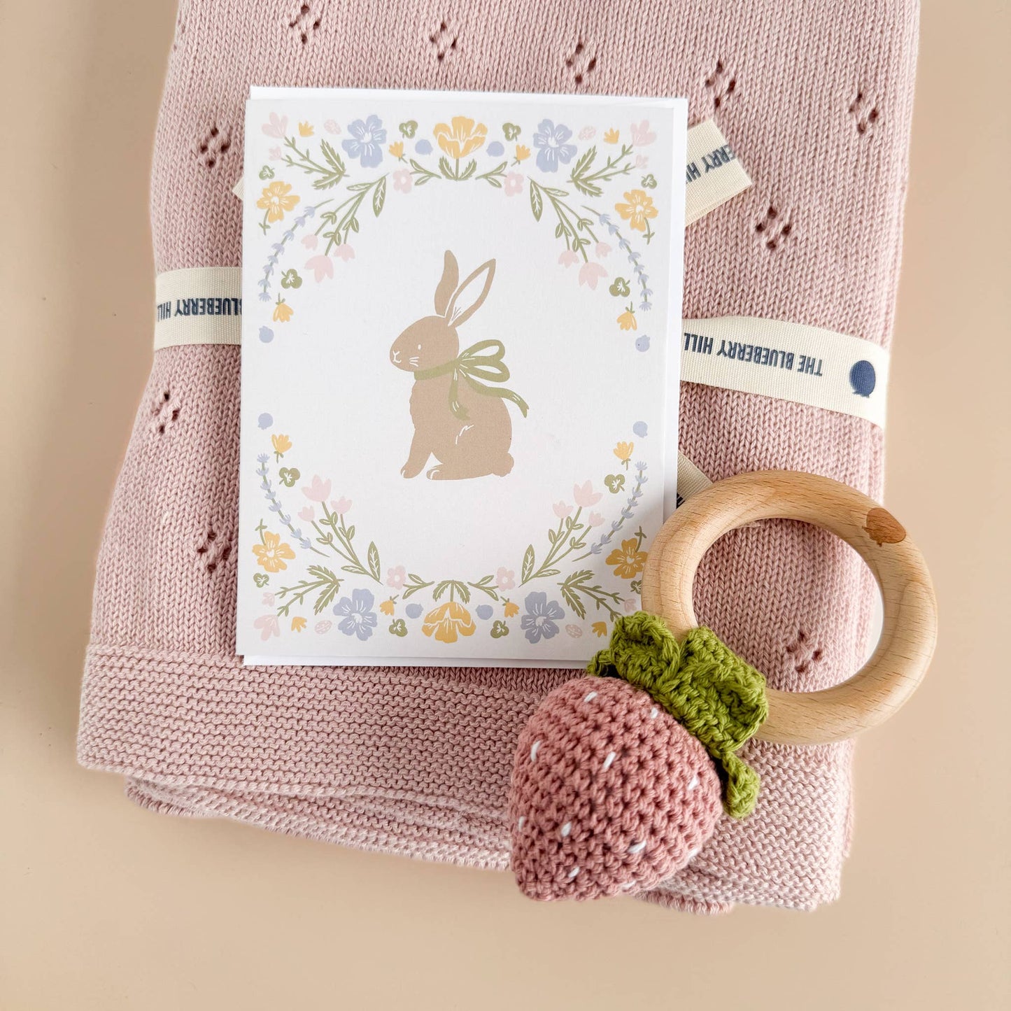 The Blueberry Hill - Teether Strawberry Pink Crochet Rattle Baby Toy Spring