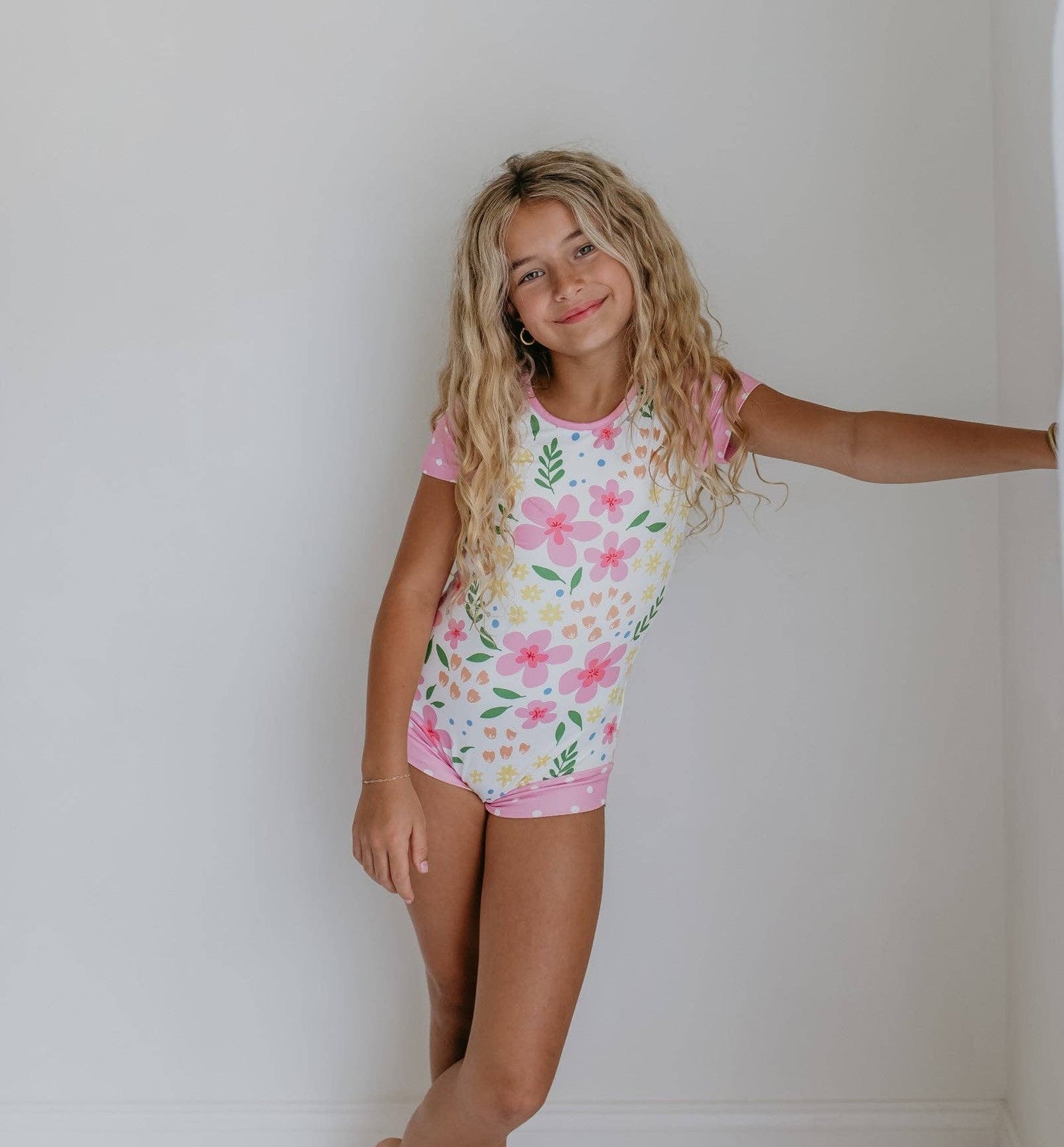 Oopsie Daisy - Kids Pink & Yellow Floral Shortie Dance Gymnastics Leotard