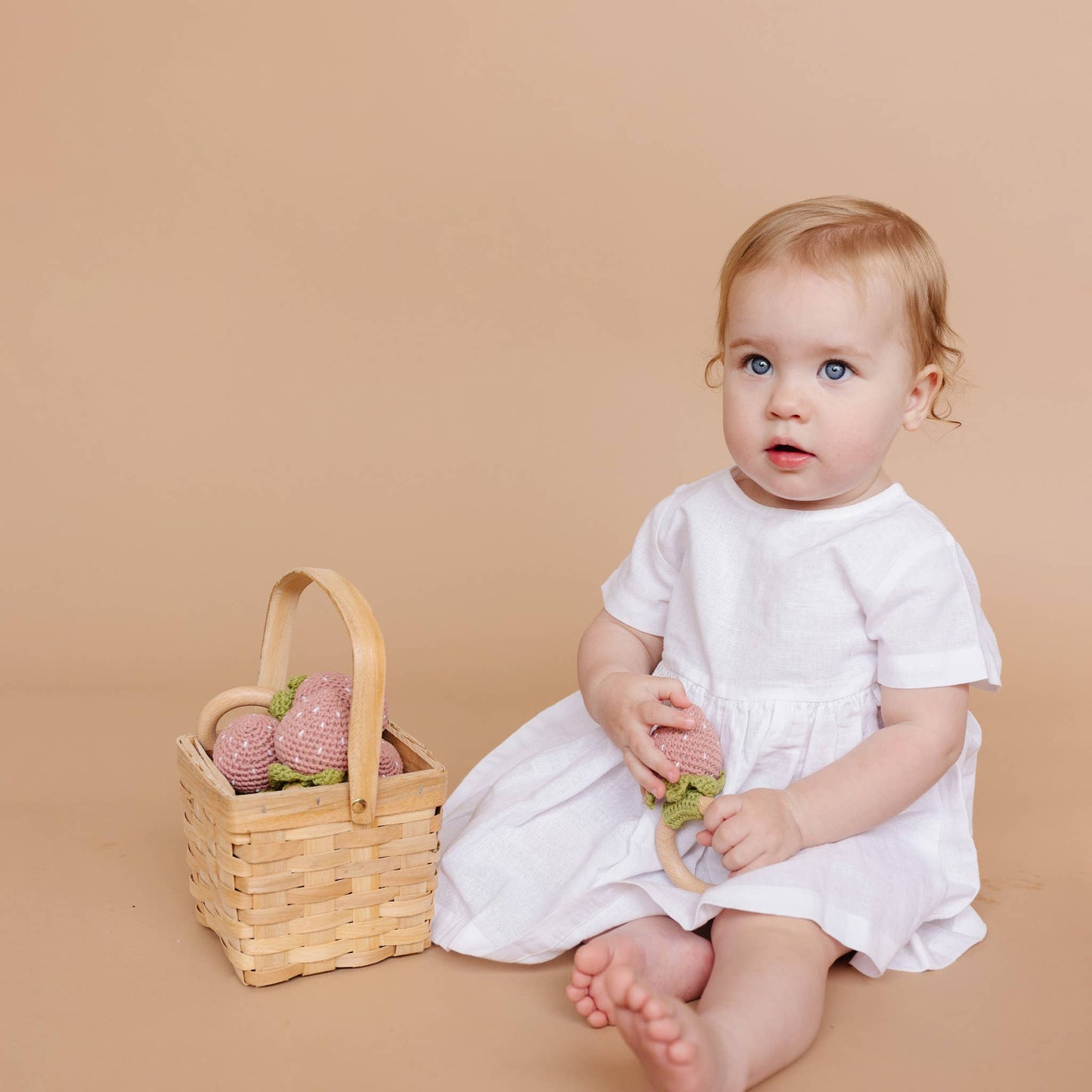 The Blueberry Hill - Teether Strawberry Pink Crochet Rattle Baby Toy Spring